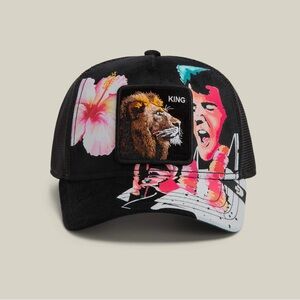 ELVIS! - King of Rock n Roll! Embroidered Elvis with Lion Black Trucker Hat